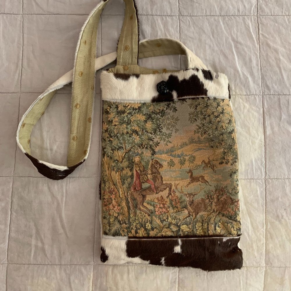 Vintage Cowhide Purse with Tapestry Detail, Crossbody Strap